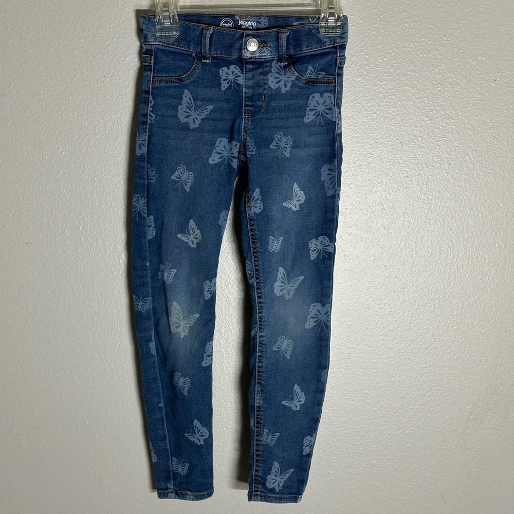 Wonder Nation Girl Blue Denim Jegging Pull On Jeans Butterfly Print size M(7-8)